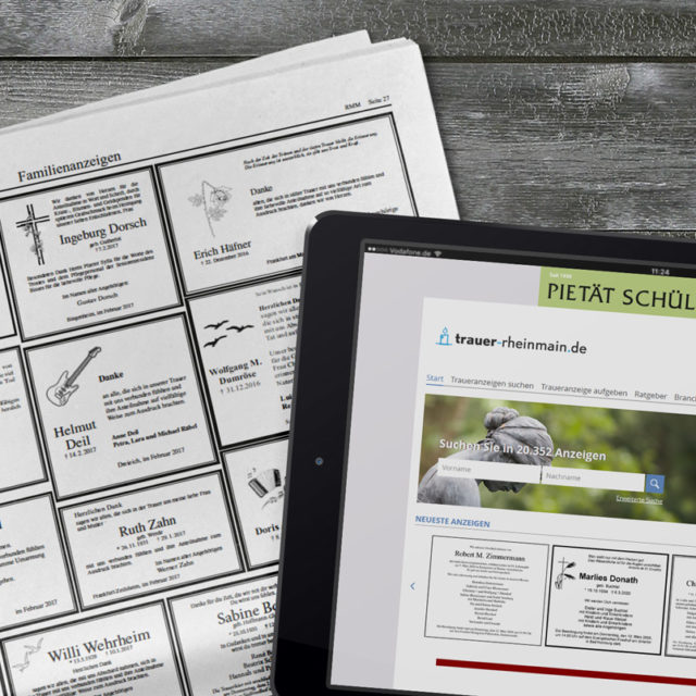 Foto: Tablet mit Ausschnitt der Website trauer-rheinmain.de