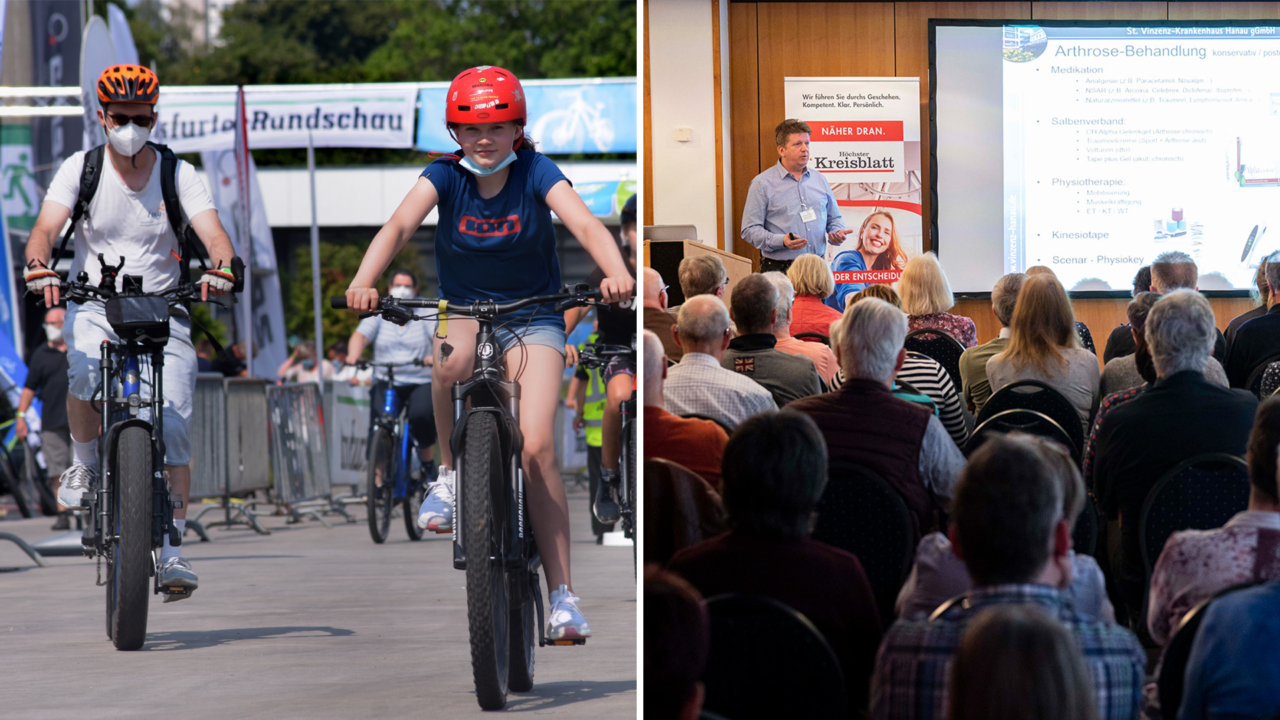 Bildcollage: links sieht man Fahrradfahrer auf der Teststrecke der VELOFrankfurt 2021; rechts sieht man einen vollbesetzten Vortragsraum und einen Referenten, der zum Thema Arthrose informiert, auf der gesund leben 2019